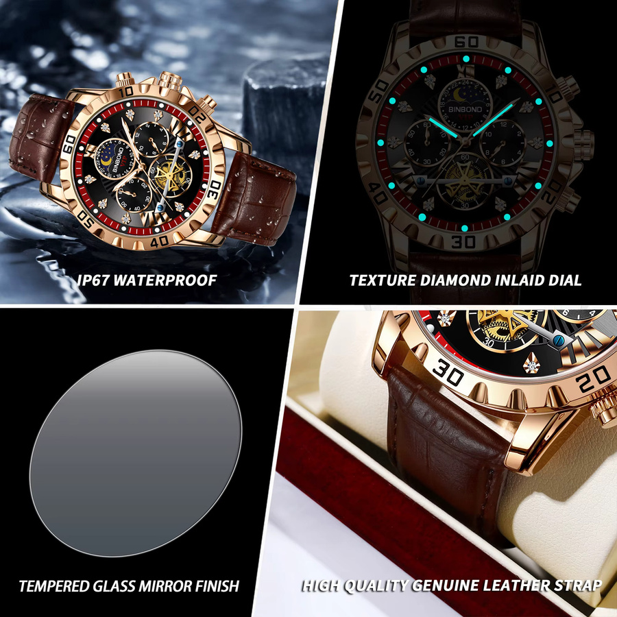 BINBOND Chronograph Armbanduhr, Quarz, Leder, Schwarz, Gold, Herren - Bild 6