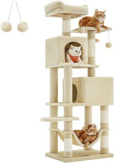 FEANDREA Kratzbaum mit 2 Höhlen, Hängematte und integriertem Spielzeug in Beige, Höhe: 155 cm - Bild 1