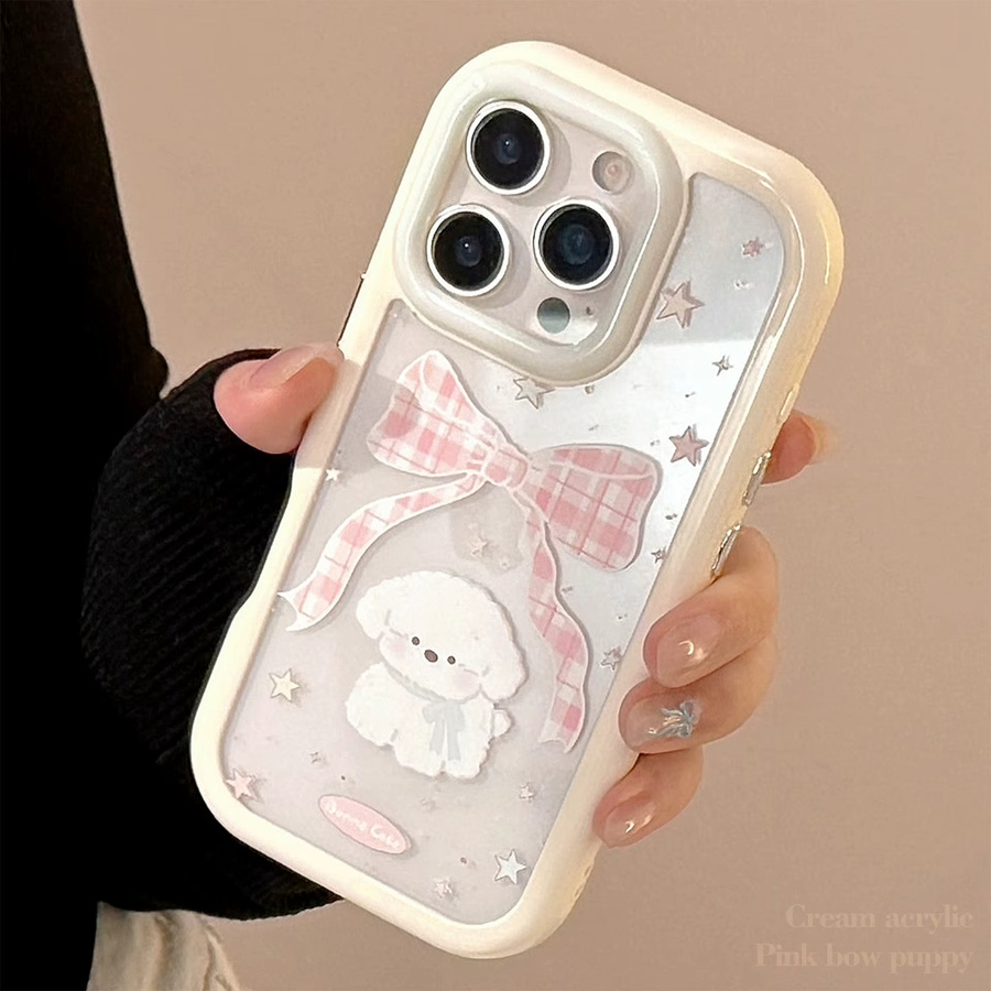MUQGEW Handyhülle mit Koreanischem Cartoon Plaid Bowknot Welpen Design für iPhone 11 bis 16 Pro Max, Stoßfestes Hard Cover aus Acryl, Transparent - Bild 2