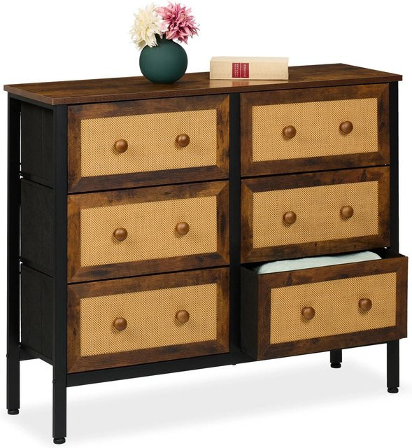 Relaxdays Kommode in Rattan-Optik mit 6 Schubladen, Braun und Schwarz, B: 100 cm, H: 83 cm, T: 32 cm - Bild 1