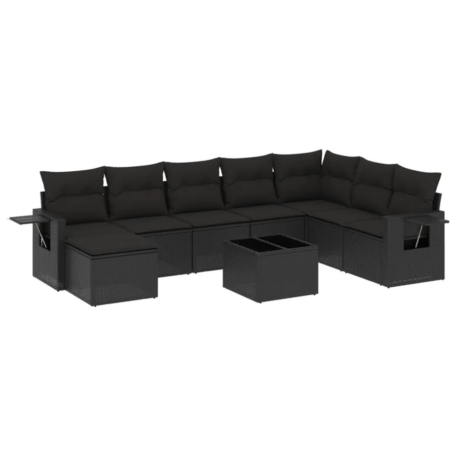 vidaXL 9-tlg. Garten-Sofagarnitur in L-Form aus schwarzem Poly-Rattan mit Kissen und Armlehnen - Bild 2