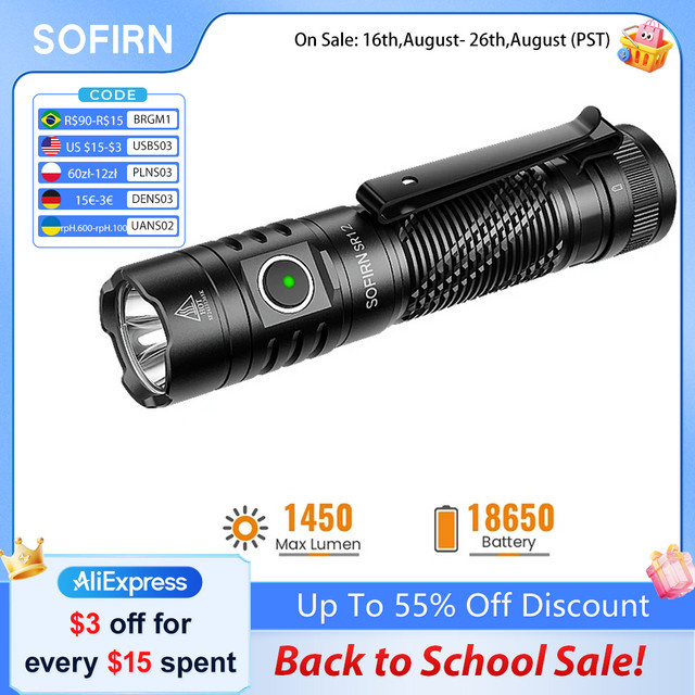 SOFIRN SR12 Taschenlampe mit SFT25R LED, 1450 Lumen, Schwarz, magnetische Endkappe - Bild 1