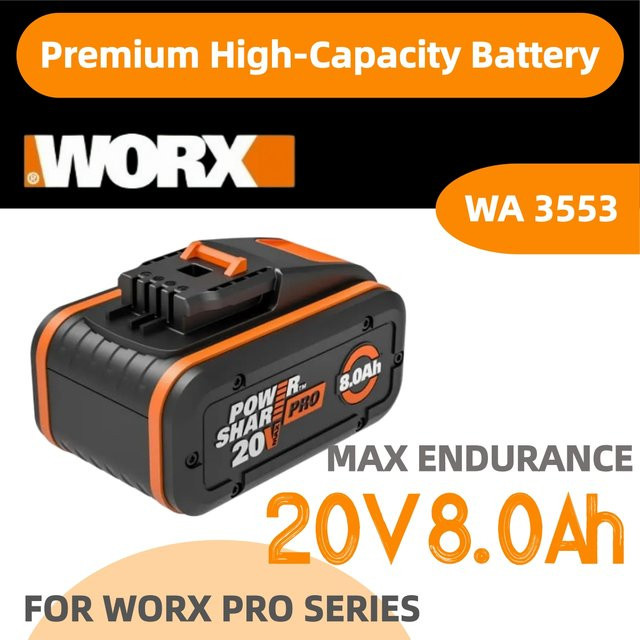 Worx Lithium-Ersatzakku 20V mit 8000mAh in Schwarz, kompatibel mit WA3553 WA3551 WA3572 sowie WX390 WX176 WX178 WU268 kabellosen Elektrowerkzeugen - Bild 1