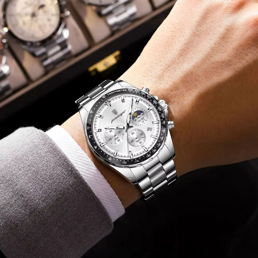 POEDAGAR Armbanduhr Chronograph, Quarz, Edelstahl, Silber, Herren - Bild 5