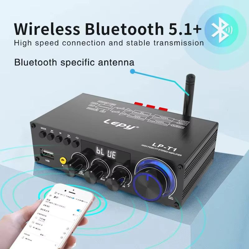 Lepy Stereo Verstärker mit Bluetooth 5.1 und USB in Schwarz, 2.1-Kanal HiFi-Sound mit Super Bass und Fernbedienung - Bild 2