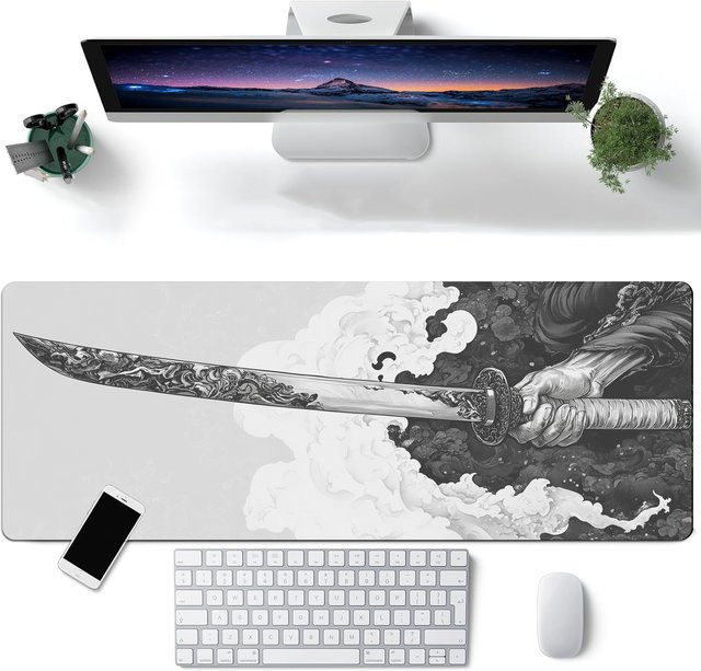 Gaming Mauspad mit Comic-Windschwert-Design in Schwarz-Weiß, rutschfeste Schreibtischunterlage mit Gummibasis und genähten Kanten - Bild 1