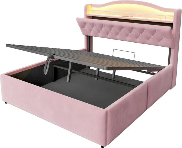 Merax Polsterbett mit LED-Beleuchtung, USB-Anschluss und Bettablage in Rosa, B/T/H: 140 x 200 x 145 cm - Bild 1