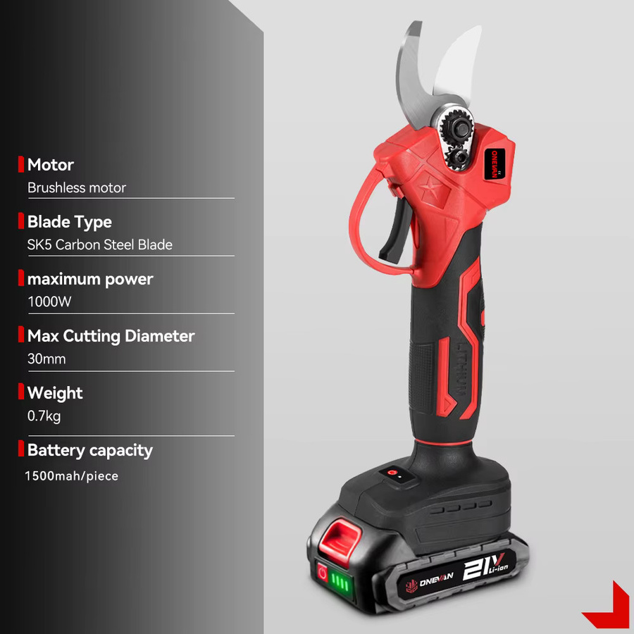 ONEVAN Bürstenlose elektrische Gartenschere 1000 W mit 30 mm Schneidkapazität in Blau für 18 V und 21 V Akkus - Bild 3