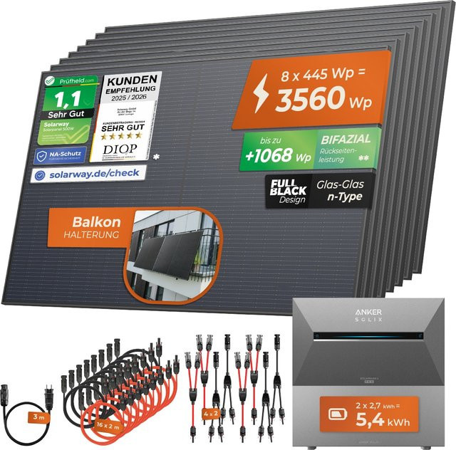 Solarway All In One Balkonkraftwerk Komplettset mit 5,4 kWh Anker SOLIX 3 PRO Speicher, 3560W Leistung und 445W bifazialen Solarmodulen in Schwarz - Bild 1