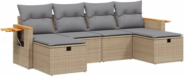 vidaXL 6-tlg Garten-Sofagarnitur aus Polyrattan in Beige mit Polsterkissen und Metallgestell - Bild 1
