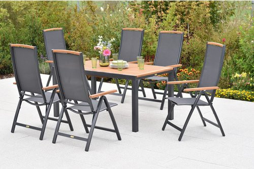 Merxx Gartenmöbel-Diningset Siena 7-teilig aus Aluminium und Akazienholz in Grau mit ausziehbarem Tisch für 6 Sitzplätze - Bild 1