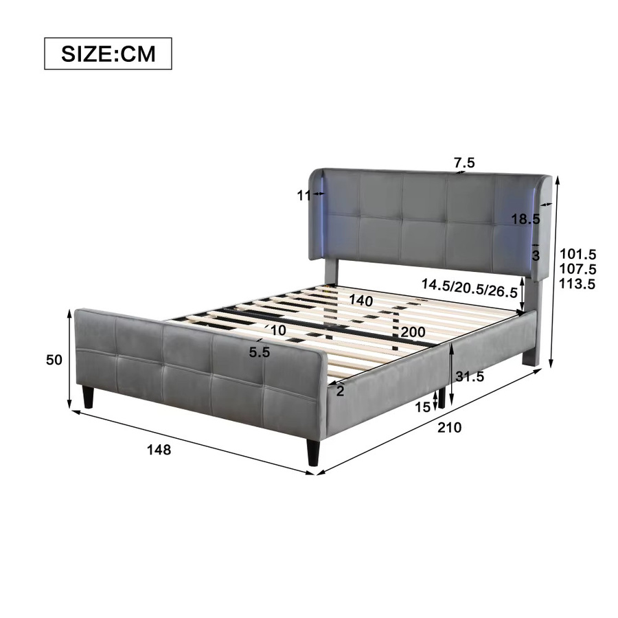 Luxuriöses Doppelbett mit Samtpolsterung in Grau inklusive RGB 16-Farben Smart-LED-Unterbettbeleuchtung und verstellbarem Kopfteil, B/T/H: 140 x 200 cm - Bild 2