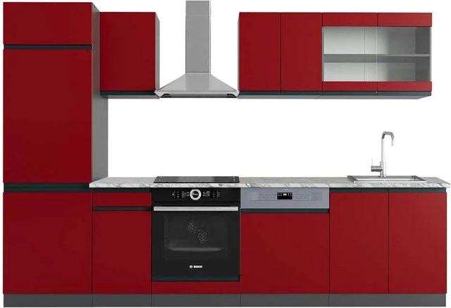 Vicco R-Line Küchenzeile modern in Rot, Anthrazit und Weiß mit Marmor-Optik, Breite: 300 cm, Höhe: 207 cm, Tiefe: 60 cm - Bild 1