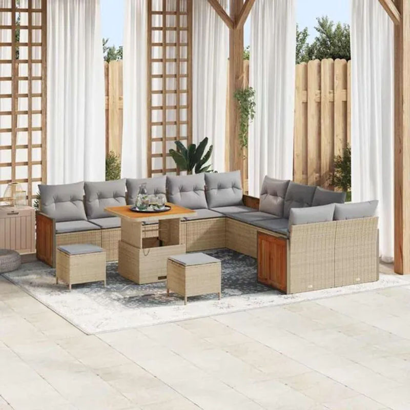 vidaXL Garten-Sofa-Set aus 13 Teilen in Beige und Grau aus modernem Polyrattan und Akazie mit Maßen B/T/H: 80 x 80 x 71 cm - Bild 1