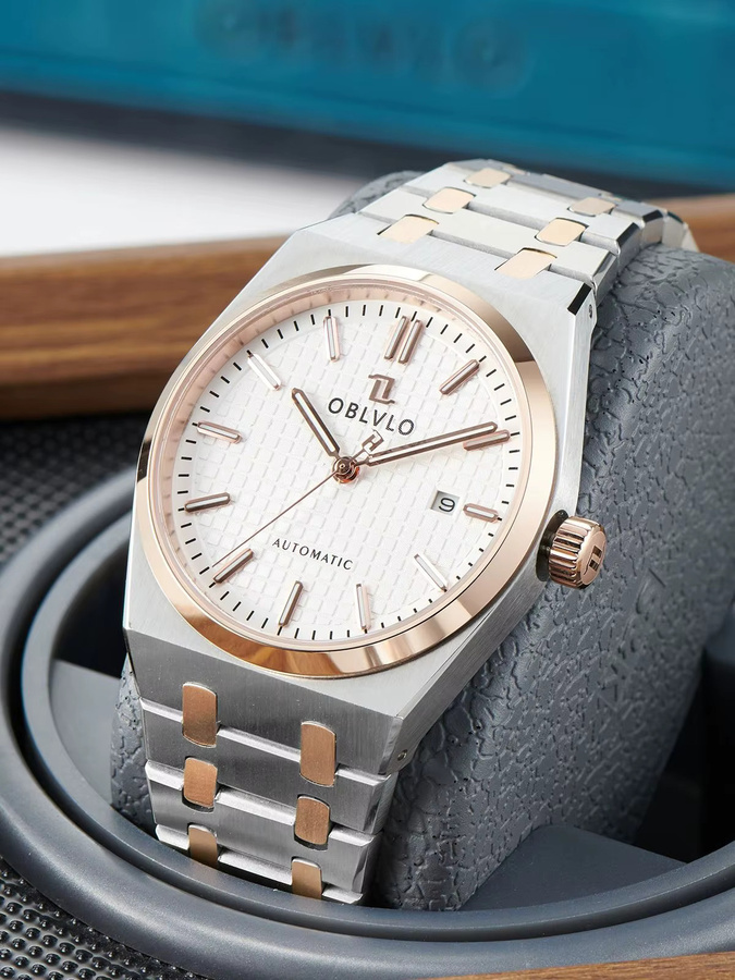 OBLVLO Armbanduhr Edelstahl, Automatik, weißes Zifferblatt, Herren - Bild 3