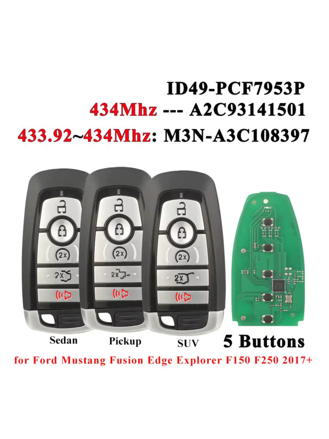 Jingyuqin Smart Key ID49 für Ford Mondeo Mustang Fusion Edge Explorer F-250 F-350 F-450 F-550 2017 434/868 MHz Schwarz M3N-A2C93142600 - Bild 3