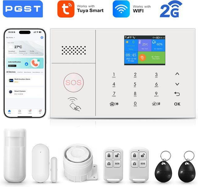 PGST Smart Home Alarmsystem mit Tuya und Smart Life Automation, WiFi und GSM, Set in Weiß mit Bewegungs- und Türsensor - Bild 1