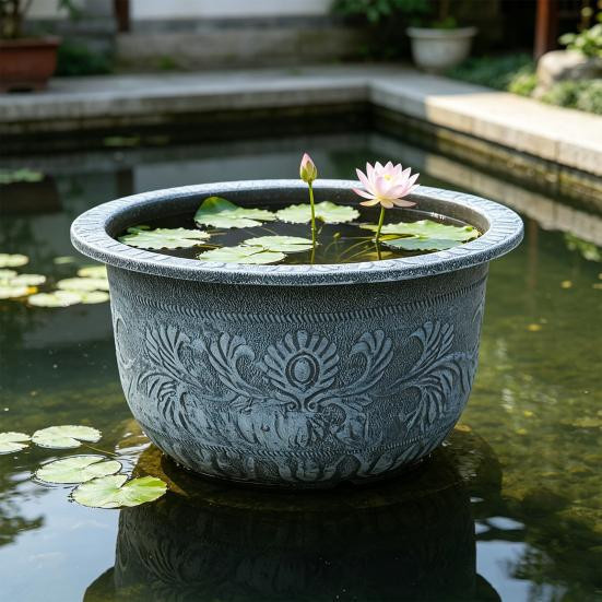 ZiQiDongLai Blumentopf aus Harz mit 3D-Reliefdesign in Grau für Garten, Balkon und Terrasse - Bild 3