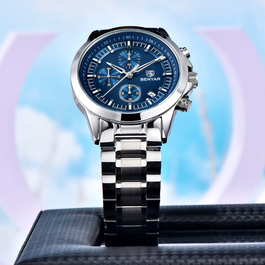 BENYAR Chronograph Armbanduhr, Quarz, Edelstahl, Blau, Herren - Bild 3