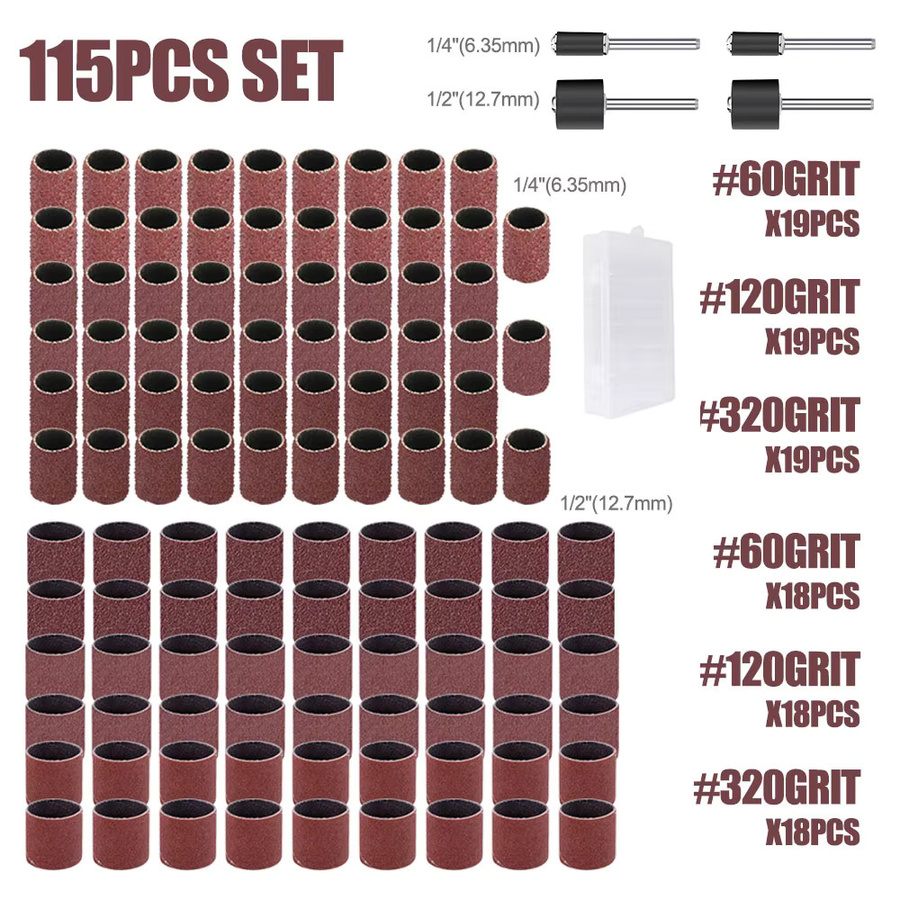xcan 115-teiliges Schleiftrommel-Set mit Schleifbändern und Schleifdornen, Körnung 60/120/320, passend für Dremel und Nagelbohrer, Größen 1/2 und 1/4 Zoll - Bild 2