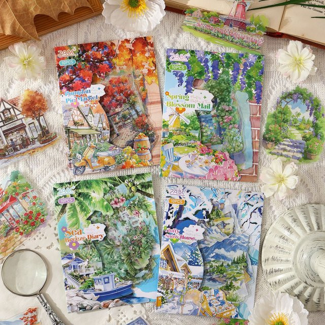 10 Stück saisonale Landschaftsaufkleber aus Papier in Multicolor für deine DIY Fotoalben und Sammelalben - Bild 1