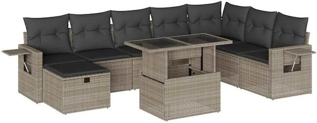vidaXL 9-tlg. Garten-Sofagarnitur in L-Form mit Kissen und Couchtisch, Hellgrau - Bild 1