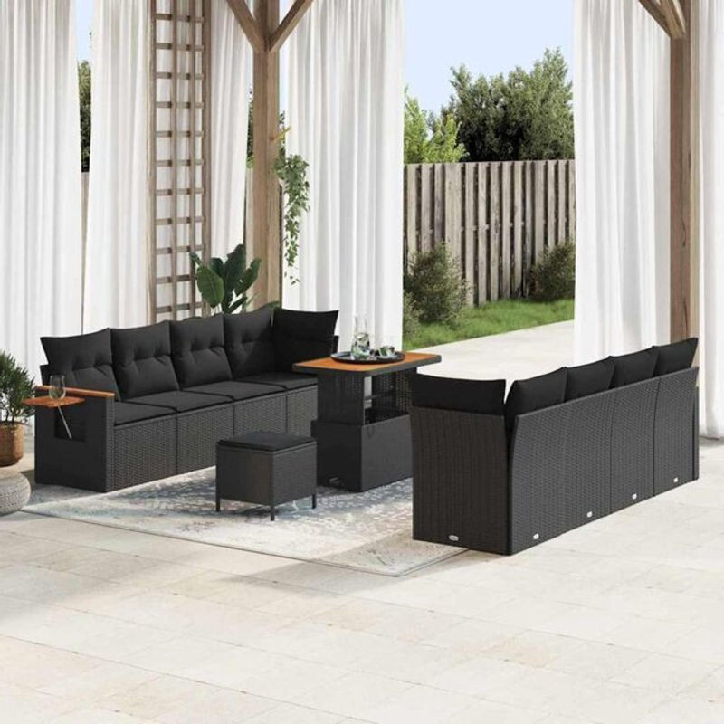 Vidaxl Polyrattan Garten-Sofa-Set mit Kissen in Schwarz, 11-teiliges modulares Loungemöbel-Set aus Polyrattan und Stahl, B/T/H: 90 x 55 x 71 cm - Bild 1