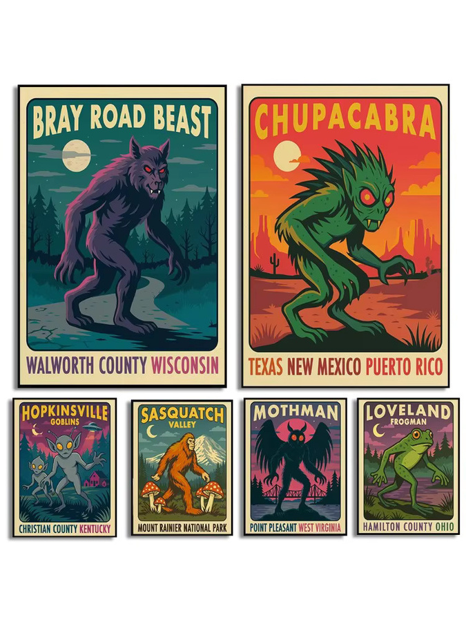 Potdemiel Nationalpark Cryptid Reiseposter Leinwand Wandkunst mit paranormalen Kreaturen in Multicolor - Bild 3