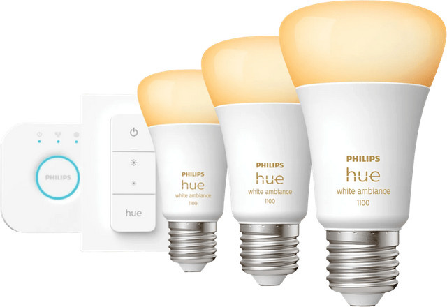 Philips Hue White Ambiance Starter Kit mit 3 E27 LED-Lampen, Bridge und Dimmschalter, Weiß - Bild 1