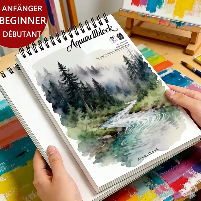 Spiralgebundener Aquarellblock für Anfänger mit Motiv Nebelwald, A5, 180g/m², säurefreies kaltgepresstes Aquarellpapier in Weiß - Bild 1