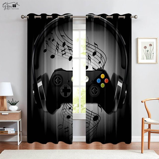 Yiran Furniture Dekorative Gamecontroller-Druckvorhänge für Kinderzimmer und E-Sport-Räume, 2er-Set, Schwarz, Breite: 75 cm, Höhe: 166 cm - Bild 1