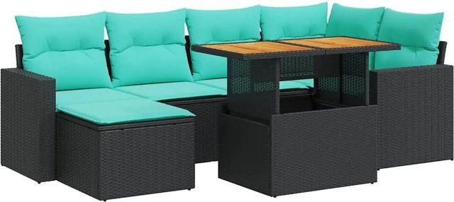 vidaXL 7-teilige Garten-Sofagarnitur in L-Form aus schwarzem Poly-Rattan mit Kissen und pulverbeschichtetem Stahlgestell - Bild 1