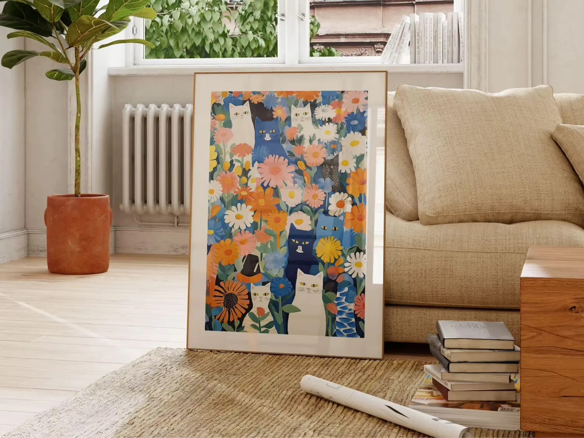 SHENCHEN Wandkunstdruck Blaue Katze im Garten mit Blumen-Illustration, moderner Papierposter in Mehrfarbig - Bild 4