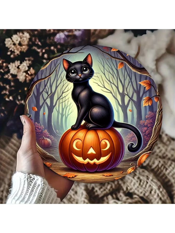 Potdemiel Halloween Metallschild mit Kürbis- und Katzen-Design, runde Blechwanddekoration, Durchmesser: 20,3 cm - Bild 5