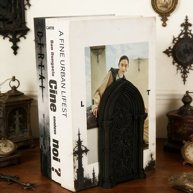 Gothic Buchstützen mit Kirchenbogen-Gravur aus Resin in Schwarz für dein Heim oder Arbeitszimmer - Bild 1