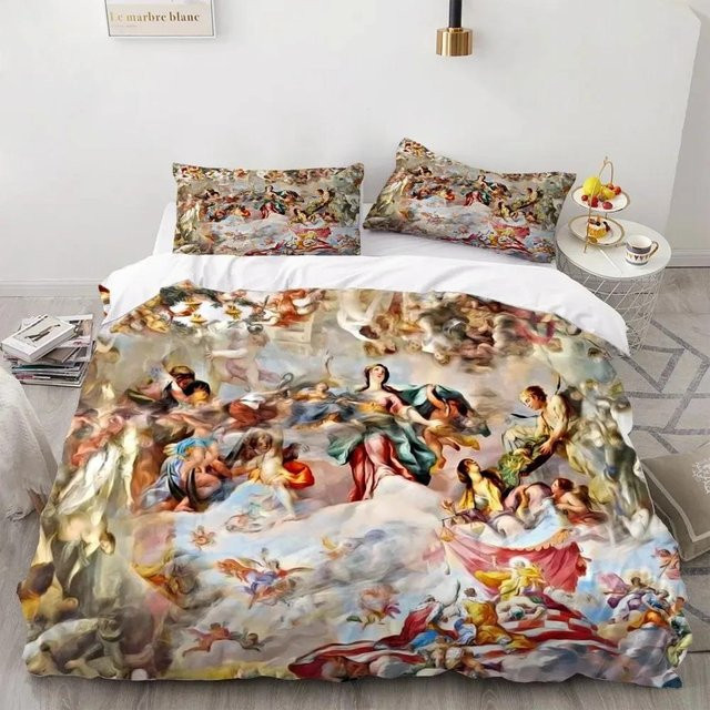 Bettwäscheset Engel Ölgemälde von Your Warm Home in Grün, bestehend aus Bettbezug und Kissenbezügen, Design: Antike Kunst, Material: Mikrofaser, Breite: 70 cm, Länge: 133 cm - Bild 1