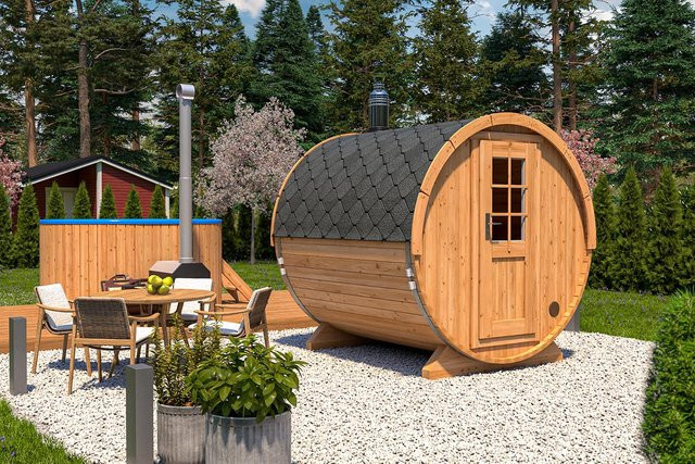 Kleine Fasssauna aus Holz mit Auswahl zwischen Holzofen oder Elektroofen, Maße: B: 3 m, T: 2 m - Bild 1