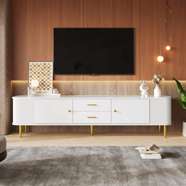 Anajqaqia Moderner TV-Schrank mit Schubladen und gebogenen Ecken in Weiß, B/T/H: 170 x 34 x 45 cm - Bild 1
