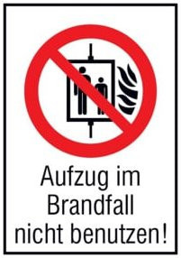 SafetyMarking Verbotsschild Folie Aufzug im Brandfall nicht benutzen, Farbe: Weiß, B: 31,0 cm, H: 18,5 cm - Bild 1
