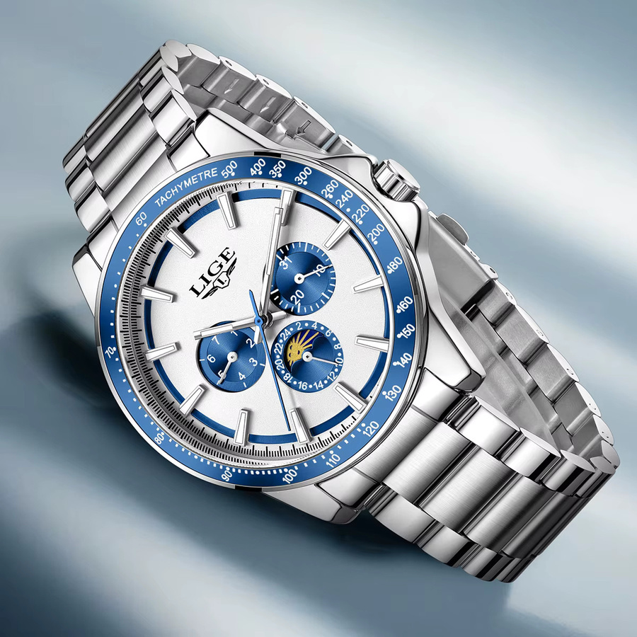 LIGE Armbanduhr Quarz, Edelstahl, Mondphase, Datum, Herren - Bild 3