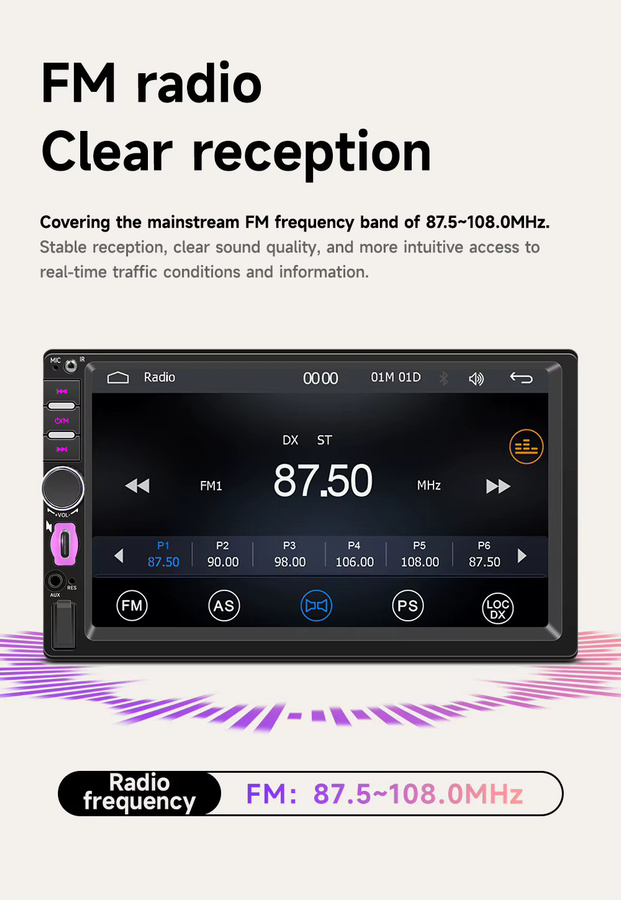 BQCC Universelles 2Din Autoradio mit 7 Zoll Display, Bluetooth, FM RDS, kabelloses CarPlay und Android Auto, Schwarz - Bild 3