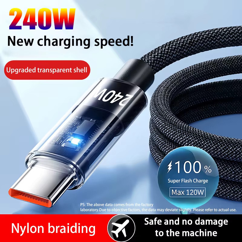 240W USB Typ-C Ladekabel aus Nylon mit LED-Digitalanzeige in Schwarz für Samsung, Xiaomi und Huawei - Bild 2