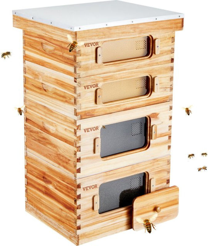 VEVOR Bienenstock Set mit 40 Rahmen, Langstroth-Beute aus mit Bienenwachs beschichtetem Tannenholz, 2 tiefe und 2 mittelgroße Bienenkästen mit transparenten Acrylfenstern und Fundamenten - Bild 2