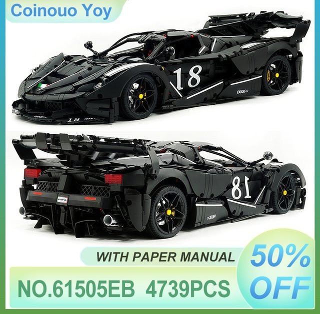 CADA 61505 Technisches Hypercar Modellbausatz im Maßstab 1:8, Schwarzes Sportauto als DIY Puzzle Spielzeug aus Kunststoff - Bild 1