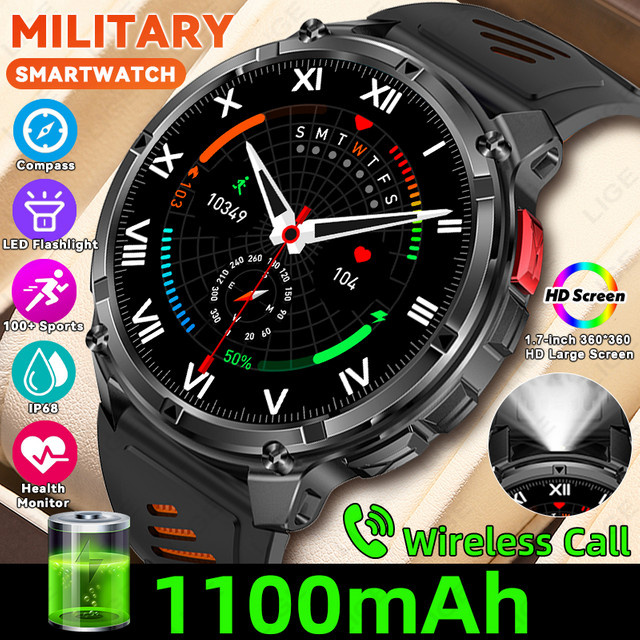 LIGE Smartwatch für Männer in Schwarz mit 1100 mAh Akku, Kompass, LED Taschenlampe, Sprachanruf-Funktion, Herzfrequenzmessung und IP68 Wasserdichtigkeit - Bild 1