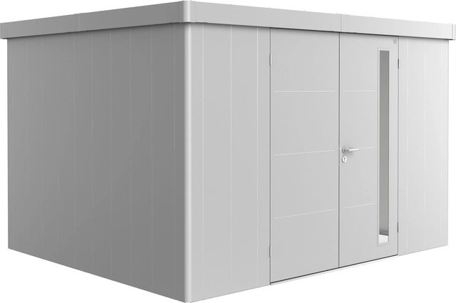 Biohort Gerätehaus Neo aus Metall mit Doppeltüre und Flachdach in Silber Metallic, B/T: 348 x 292 cm - Bild 1