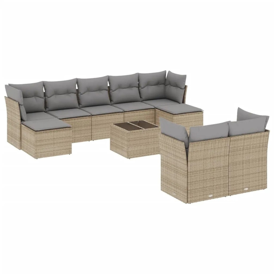 vidaXL 10-tlg. Garten-Sofagarnitur in L-Form aus beige farbenem Poly-Rattan mit wetterfesten Kissen und pulverbeschichtetem Stahlgestell - Bild 2