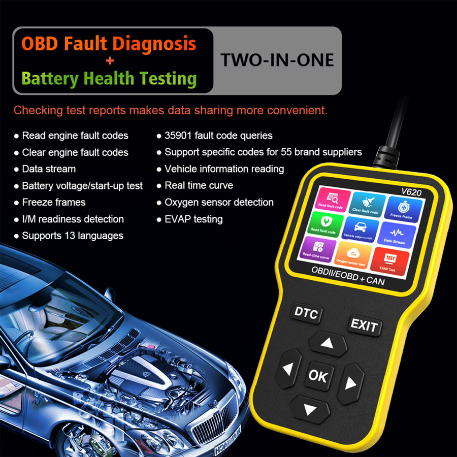 RUOGINSS OBD2-Scanner Diagnosetool mit Check Engine Light Code Reader, Reset-Funktion, Batterietester und Live-Daten in Gelb - Bild 5