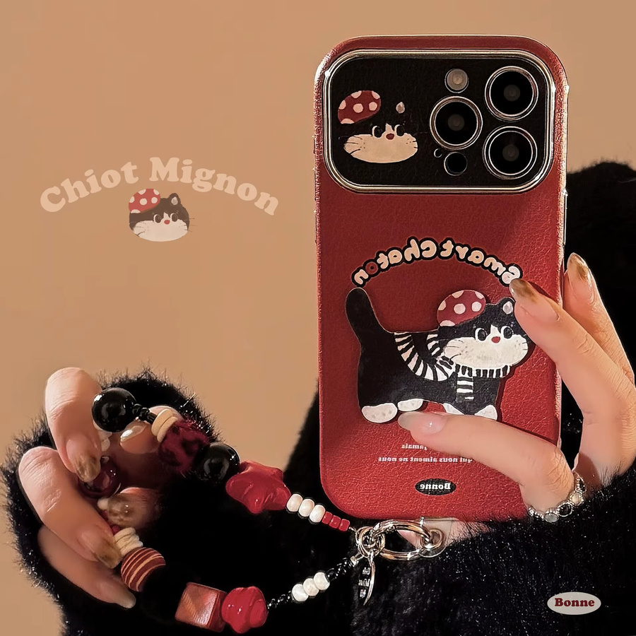 MUQGEW Handyhülle mit Ledertextur und Handgelenk-Kette im Koreanischen Cartoon Design für iPhone 11 bis iPhone 17 Pro Max, Schwarz und Rot, stoßfeste Abdeckung - Bild 3