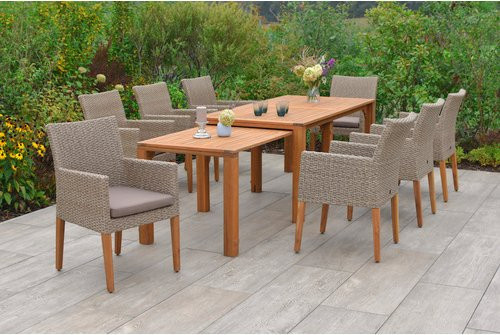 Merxx Gartenmöbelset Ranzano mit Ausziehtisch und 8 Sitzplätzen aus Akazienholz und Kunststoffgeflecht in Grün, Grau oder Braun - Bild 1